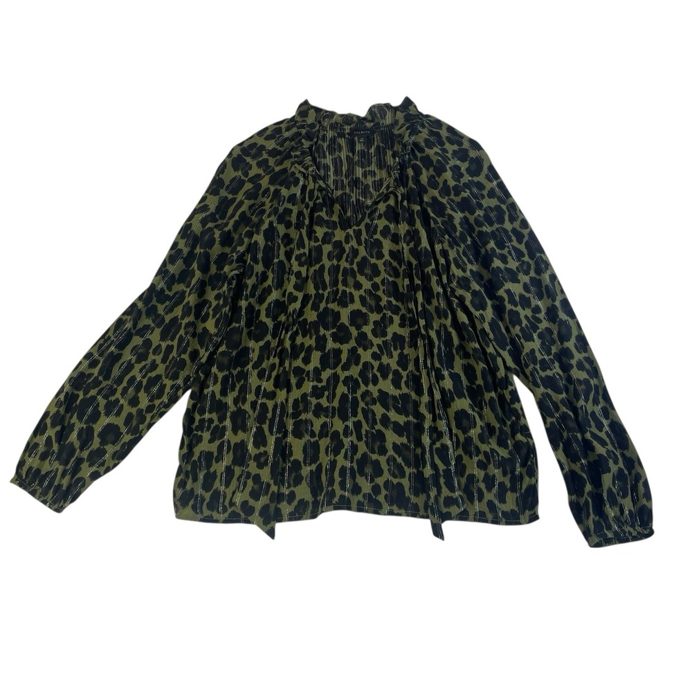Talbots XS Green Leopard Print Blouse Metallic Stripe Long Sleeve Top - Opulent